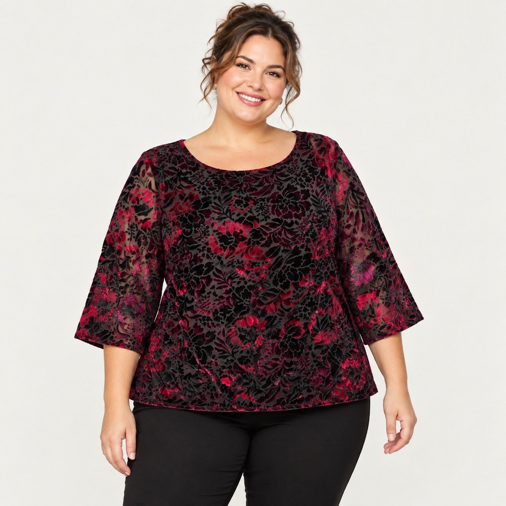 Roz & Ali Women Plus 3X Burgundy Black Floral Burnout Velvet Top 3/4 Sleeve Goth